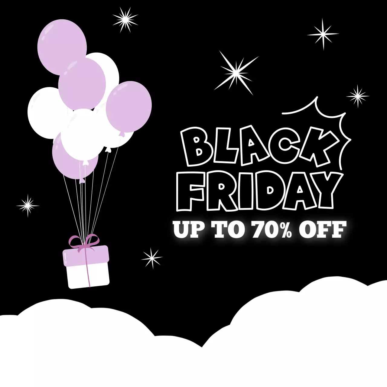선물 풍선이 떠있는 밤하늘을 배경으로한 블랙프라이데이 쇼핑몰 할인 세일 이벤트