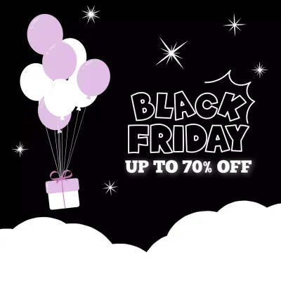 선물 풍선이 떠있는 밤하늘을 배경으로한 블랙프라이데이 쇼핑몰 할인 세일 이벤트