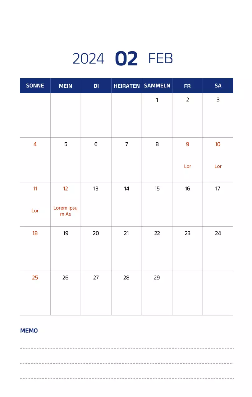 Einfacher Kalender mit klaren Illustrationen in Blau