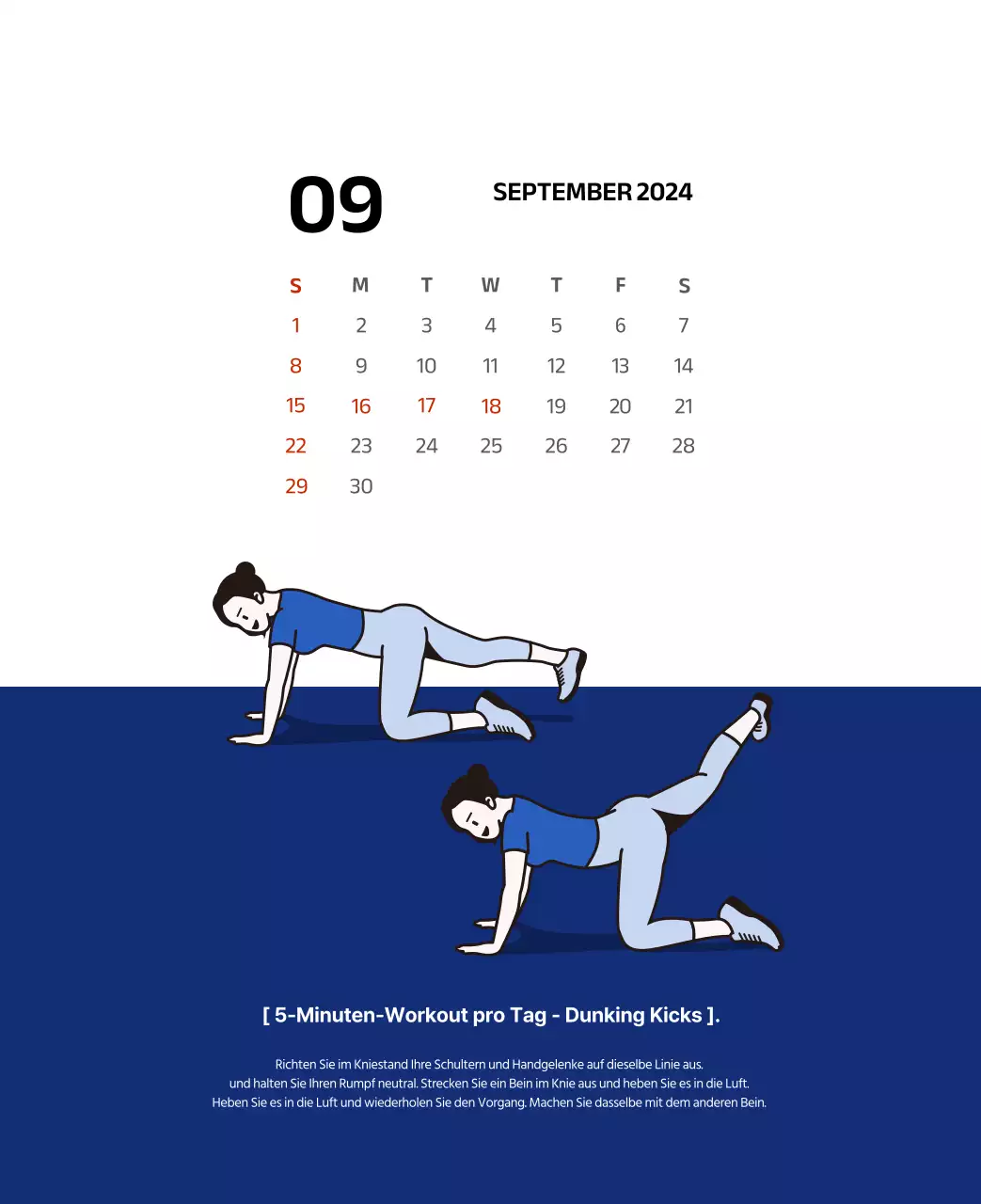 Einfacher Kalender mit klaren Illustrationen in Blau