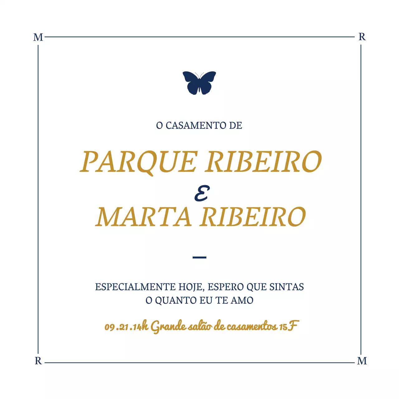 Convite de casamento de design luxuoso com ilustrações de borboletas em branco e azul-marinho