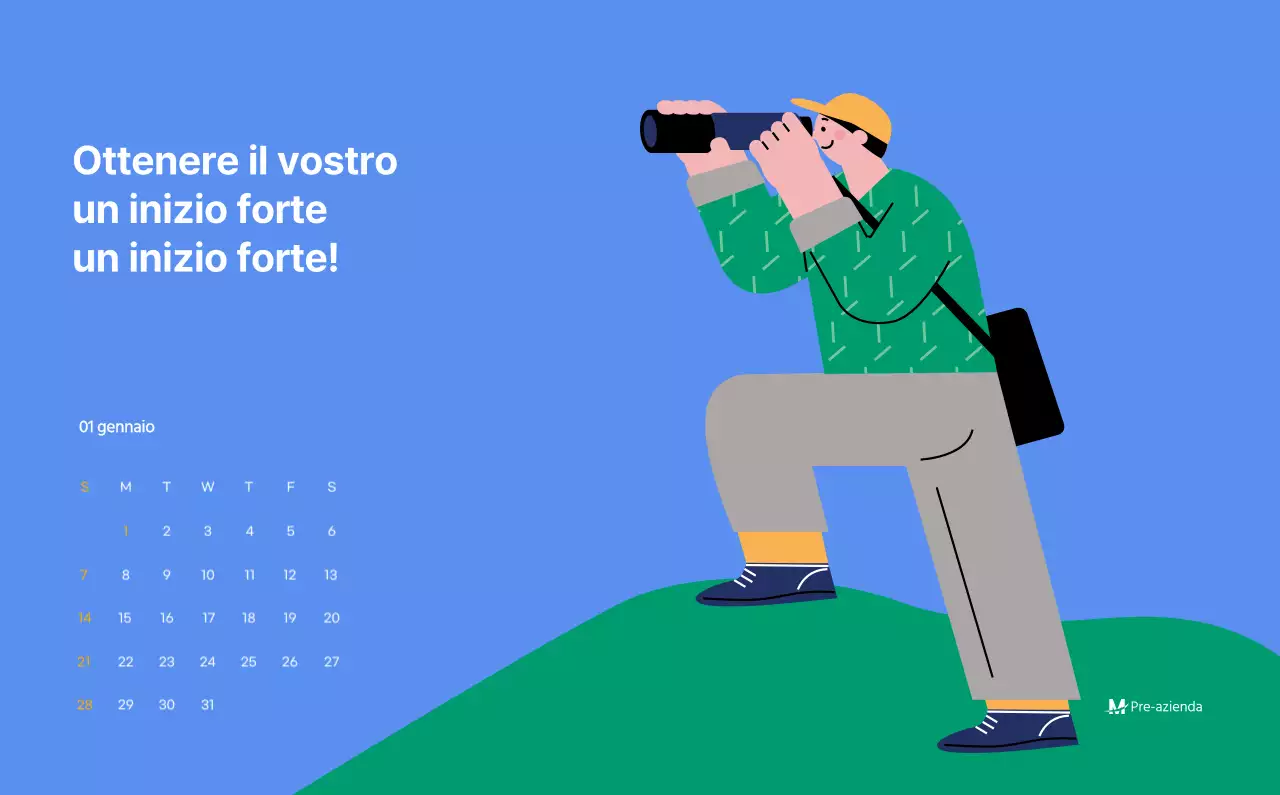 Calendario motivazionale con illustrazioni energetiche e citazioni positive su sfondo azzurro
