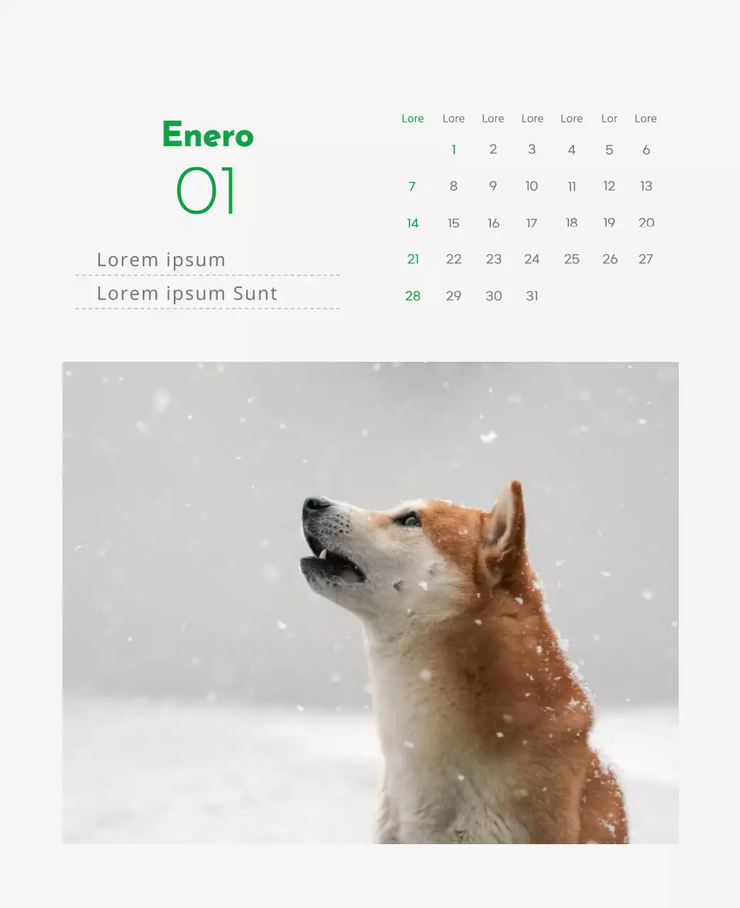 Un calendario con la imagen de un cachorro y un bonito mensaje en tonos verdes.