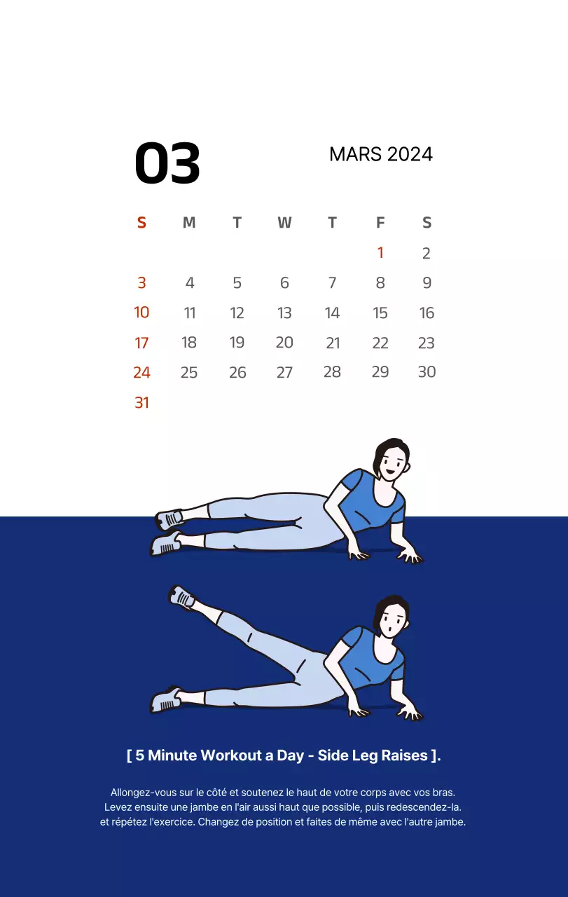 Calendrier simple avec des illustrations épurées en bleu