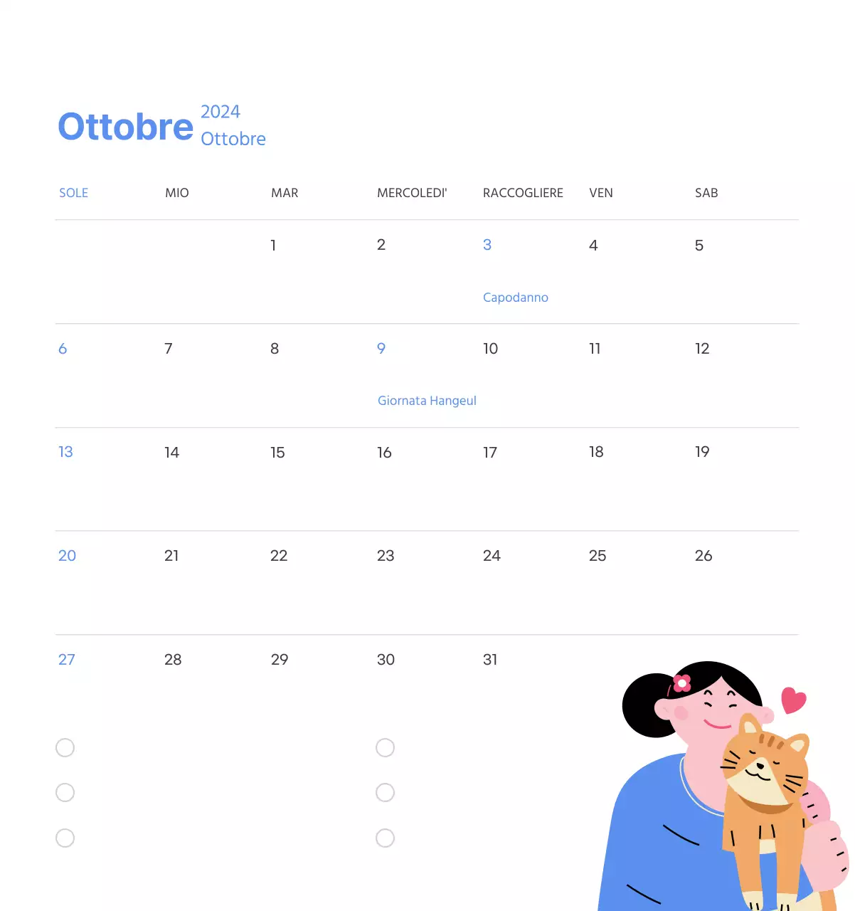 Calendario motivazionale con illustrazioni energetiche e citazioni positive su sfondo azzurro