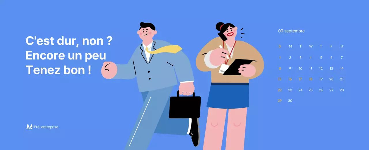 Calendrier de motivation avec des illustrations énergiques et des citations positives sur un fond bleu clair