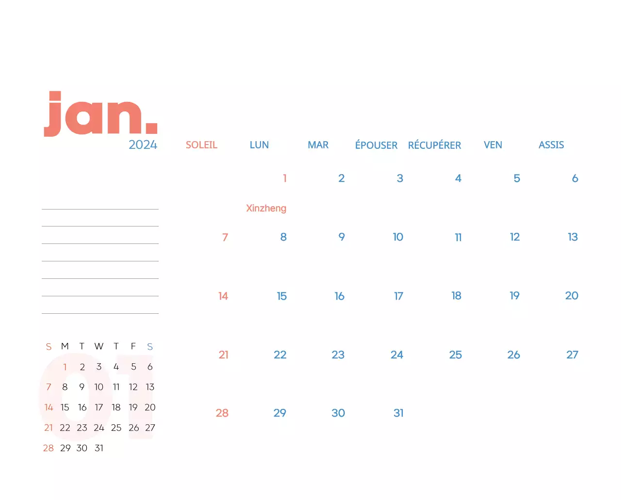 Calendrier de travail avec de belles illustrations