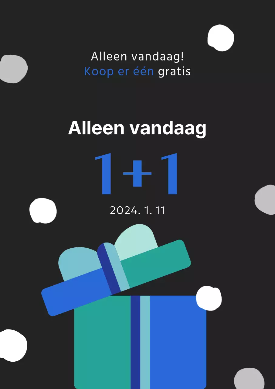 Winterpromotie met de markering buy one get one free met een geschenkdoosafbeelding in blauwe punten op een zwarte achtergrond