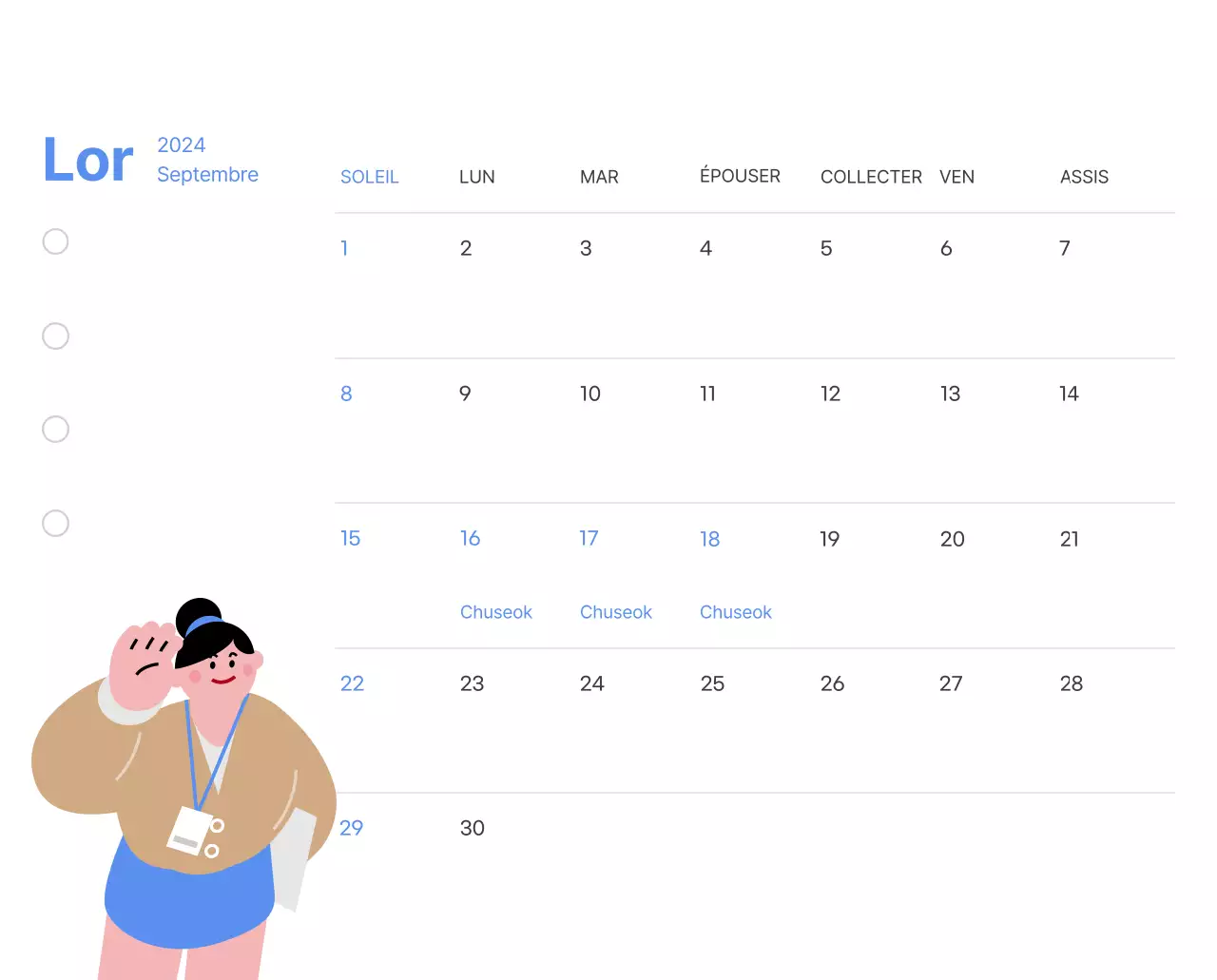 Calendrier de motivation avec des illustrations énergiques et des citations positives sur un fond bleu clair