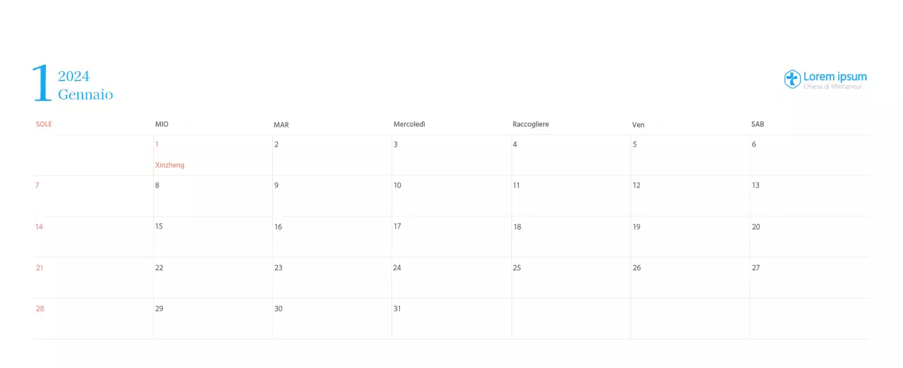 Calendario ecclesiastico blu di concezione moderna