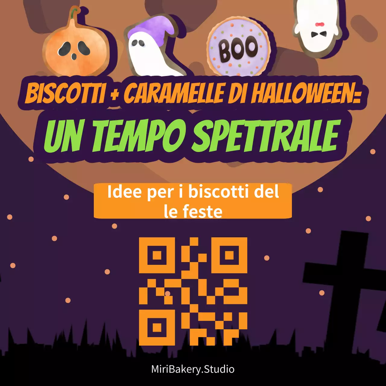 Fantastica pubblicità di biscotti di Halloween in viola e arancione