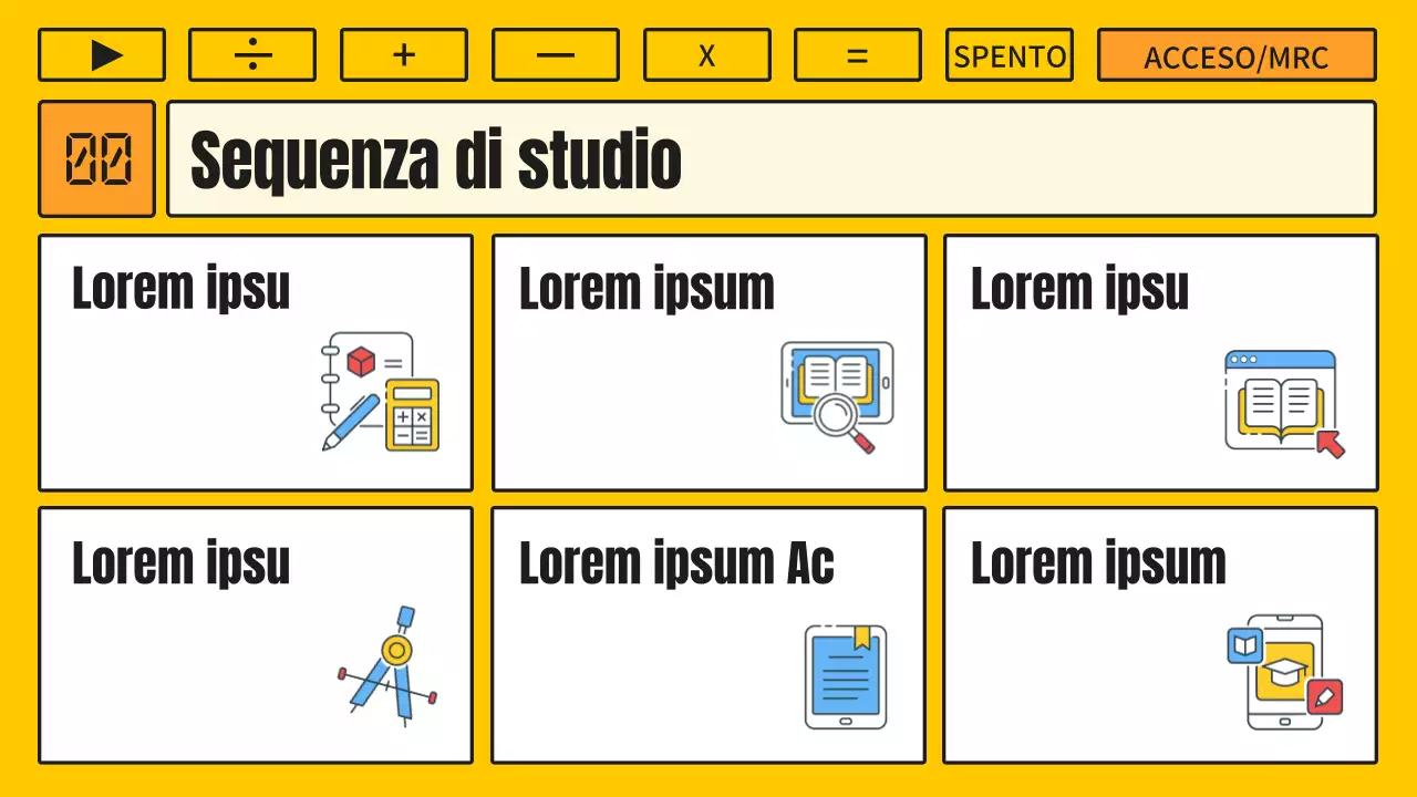 Lezione di matematica con un concetto kitsch di calcolatrice gialla e arancione