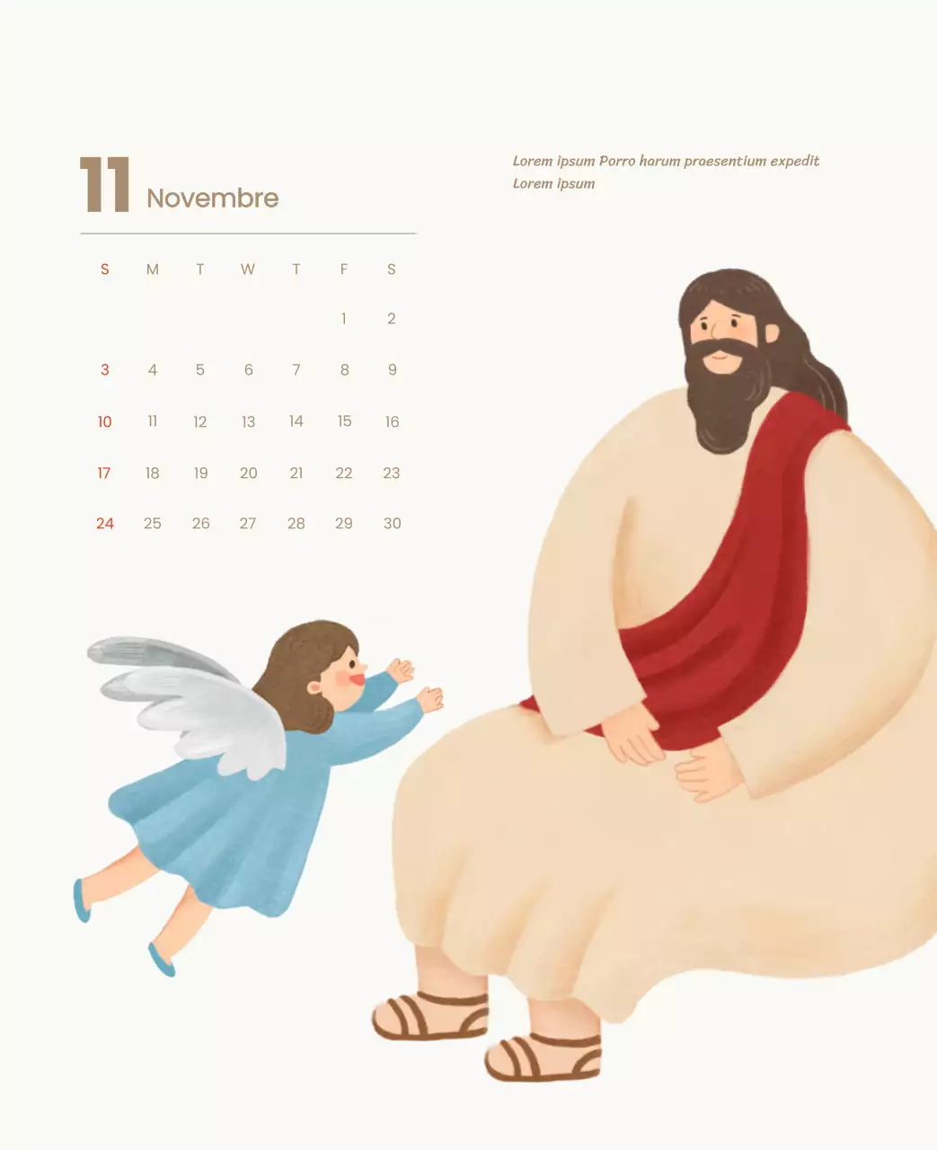 Un calendario devozionale con illustrazioni accoglienti e versetti della Bibbia su uno sfondo blu chiaro