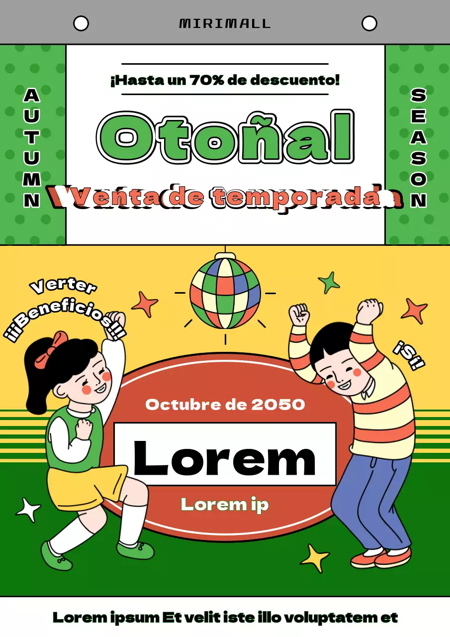 Anuncio retro de calendario de rebajas de otoño en amarillo y chartreuse