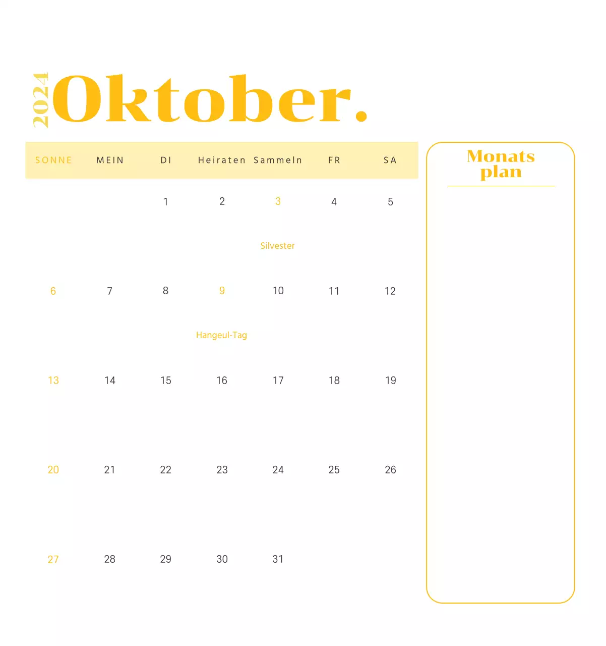 Kalender mit Jugendillustrationen auf gelbem und grünem Hintergrund