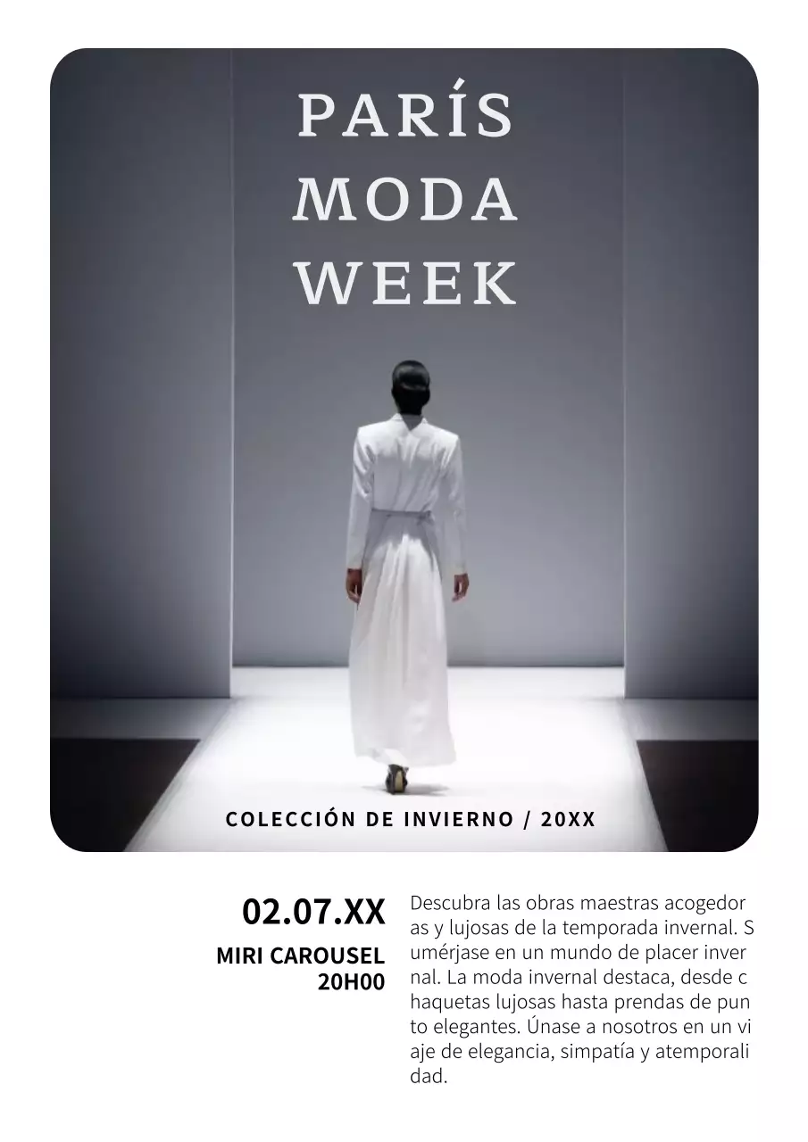 Moderno anuncio de evento de pasarela en blanco y negro