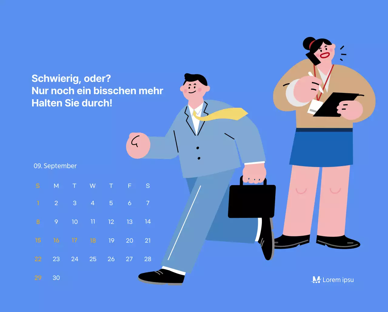 Motivationskalender mit energiegeladenen Illustrationen und positiven Zitaten auf hellblauem Hintergrund