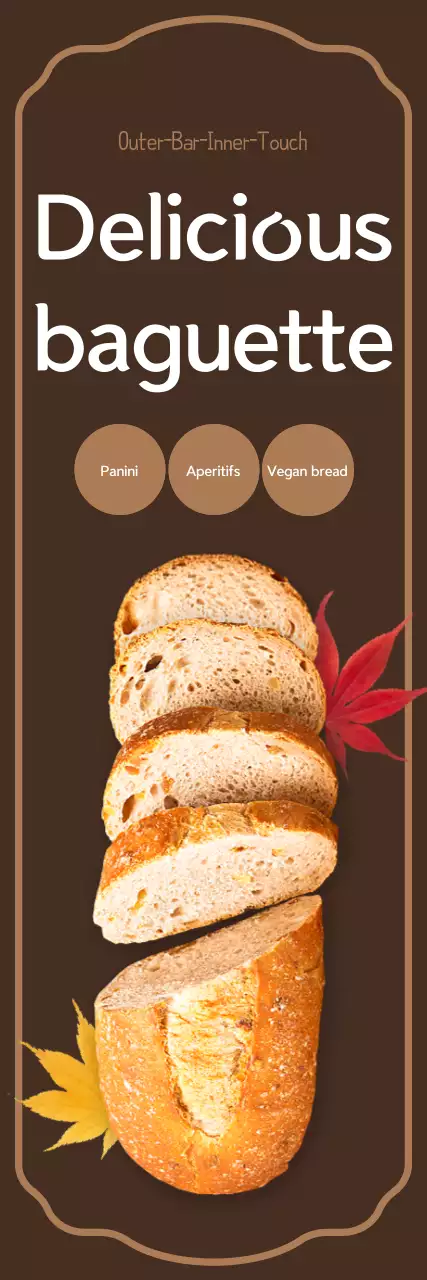 Promote a bakery with falling leaves and baguettes on a brown background