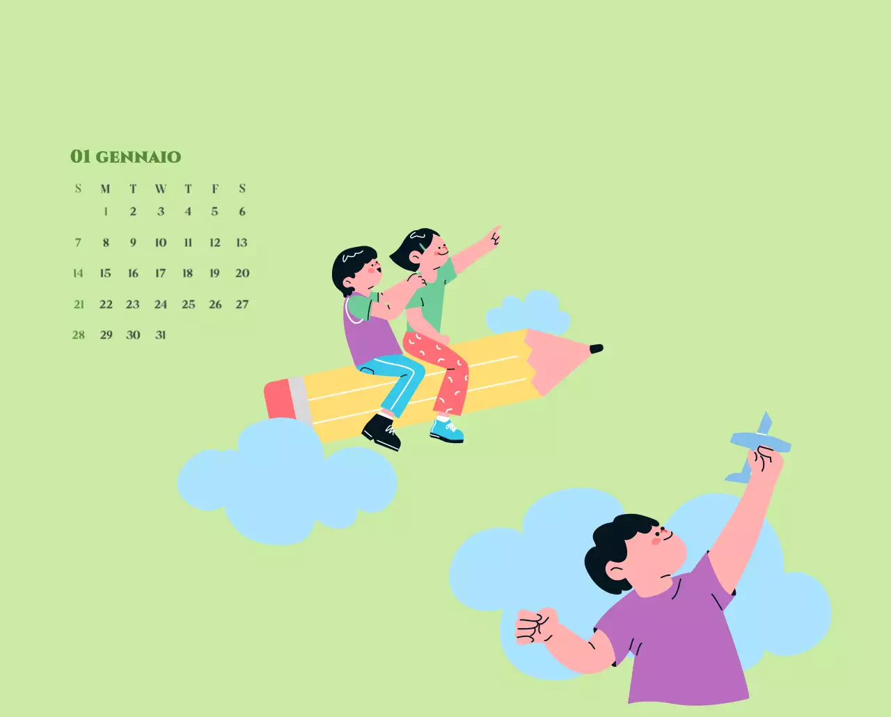 Calendario con illustrazioni giovanili su sfondo giallo e verde