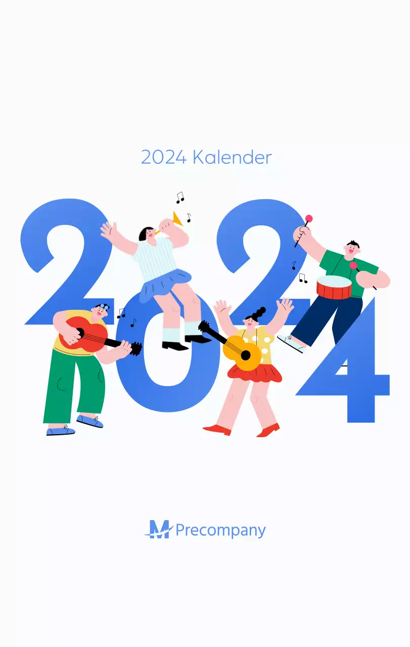 Motiverende kalender met energieke illustraties en positieve citaten op een lichtblauwe achtergrond