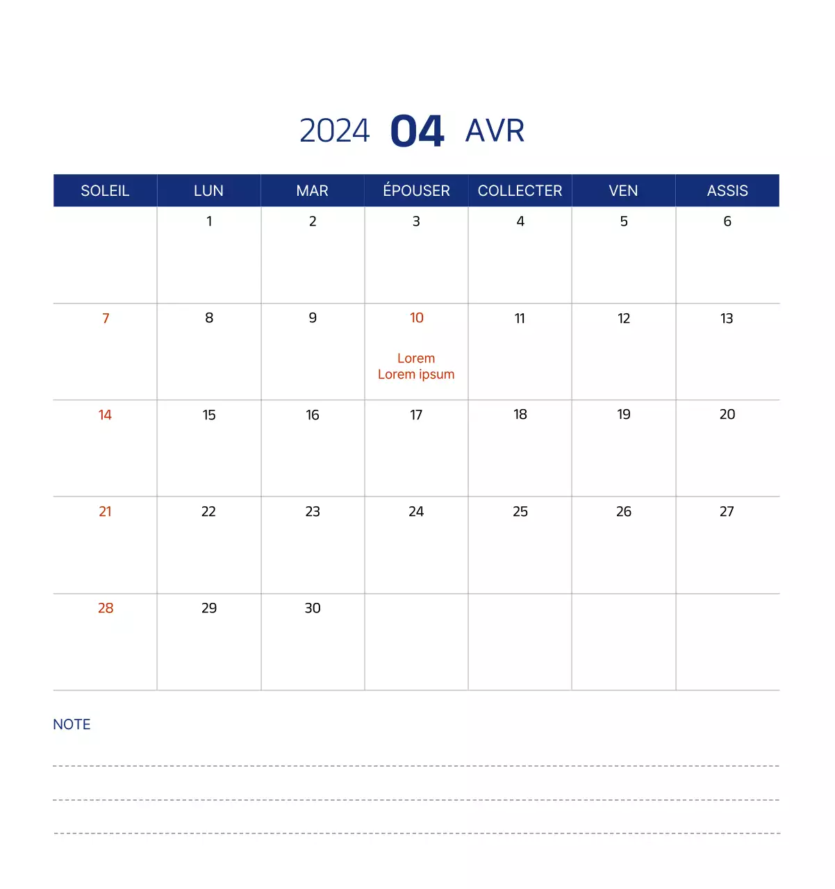 Calendrier simple avec des illustrations épurées en bleu