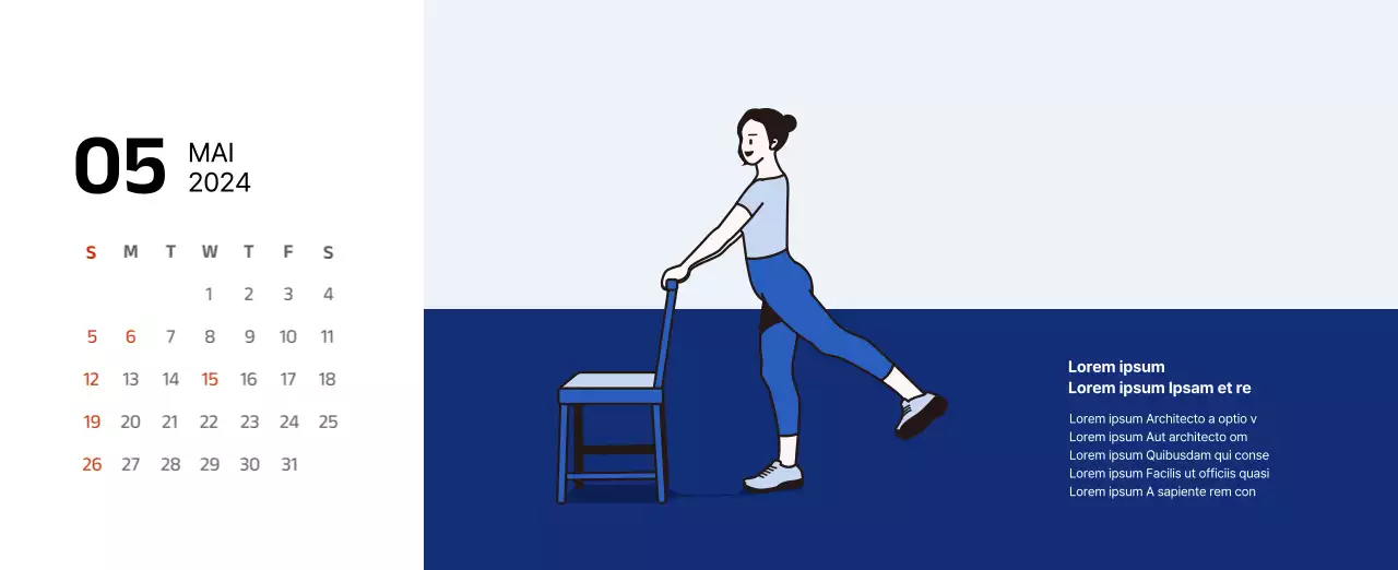 Calendrier simple avec des illustrations épurées en bleu