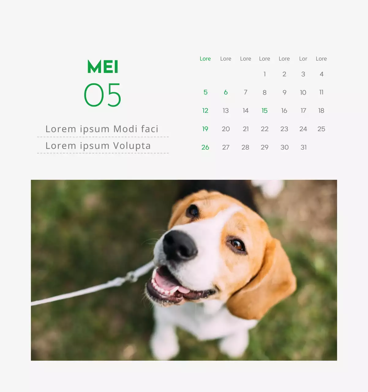 Een kalender met een afbeelding van een puppy en een schattige boodschap in groene accenten