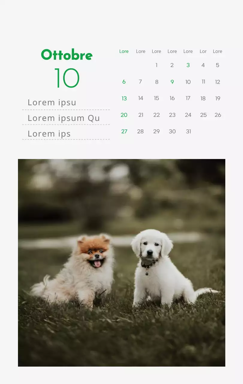 Un calendario con l'immagine di un cucciolo e un simpatico messaggio in verde.