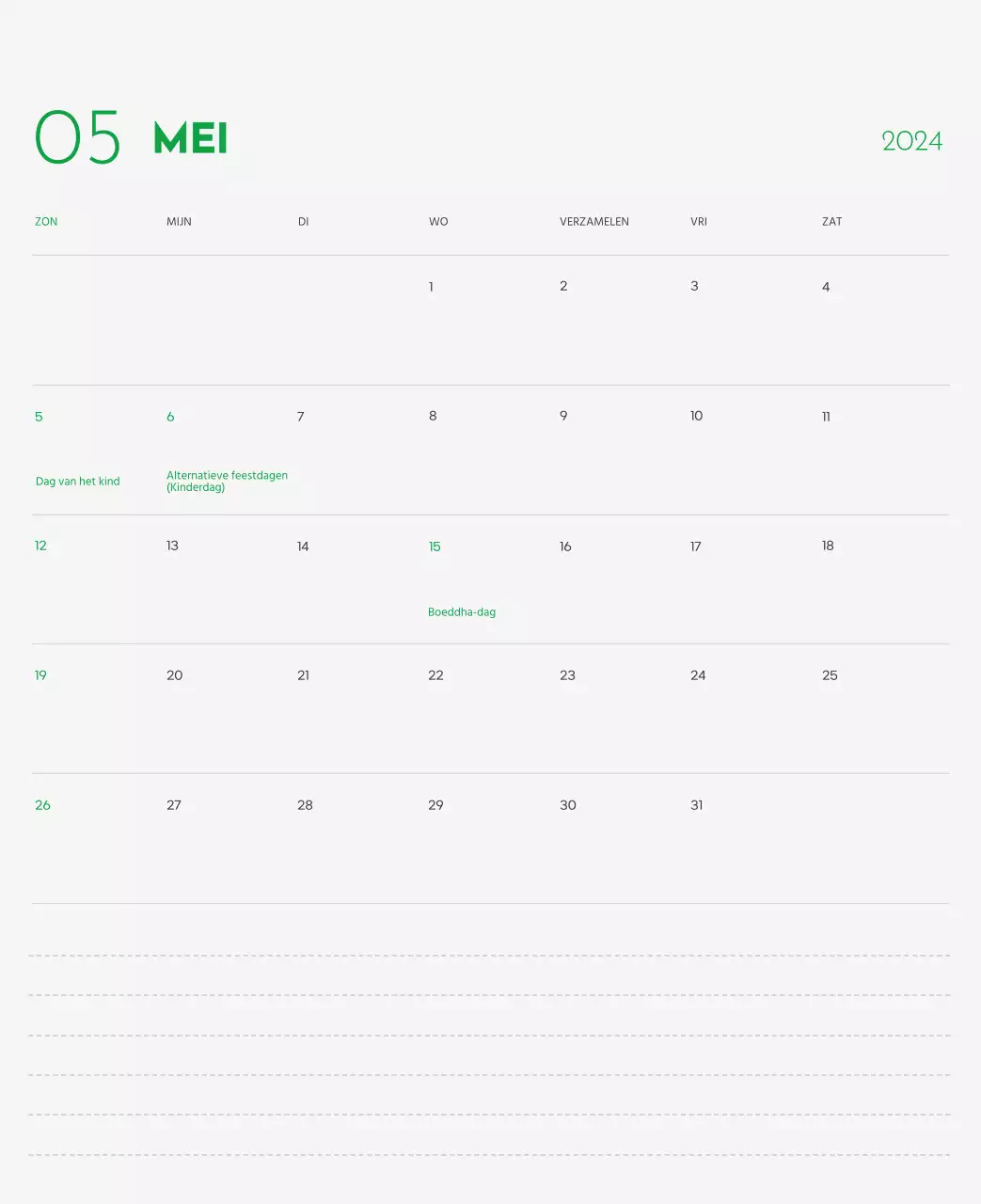 Een kalender met een afbeelding van een puppy en een schattige boodschap in groene accenten