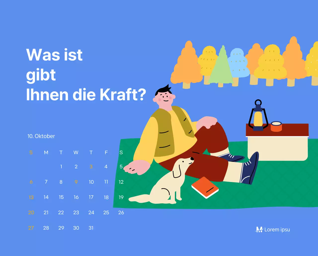 Motivationskalender mit energiegeladenen Illustrationen und positiven Zitaten auf hellblauem Hintergrund