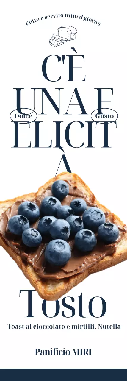 Menu di una panetteria con immagini fotorealistiche di pane tostato ai mirtilli e testo in inglese grassetto e di tendenza.