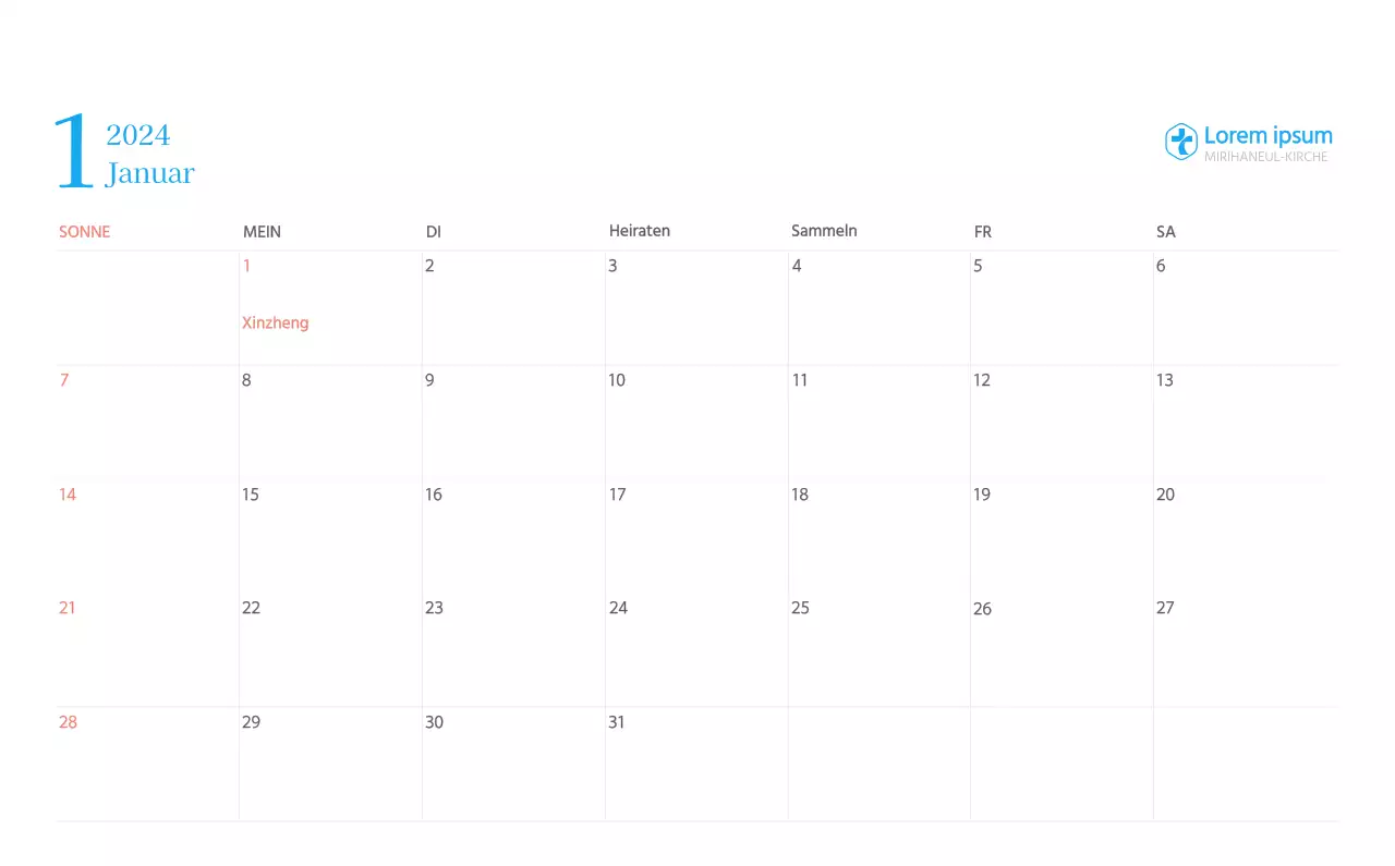 Blaues modernes Konzept Kirchenkalender