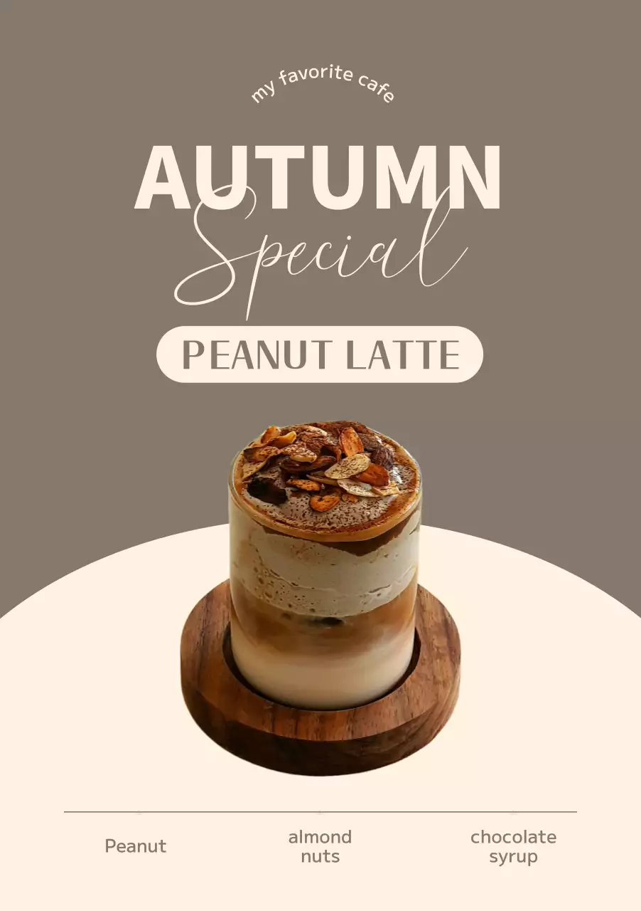 様々なフォントのタイトルとピーナッツラテの写真が入った秋のドリンクのポスター