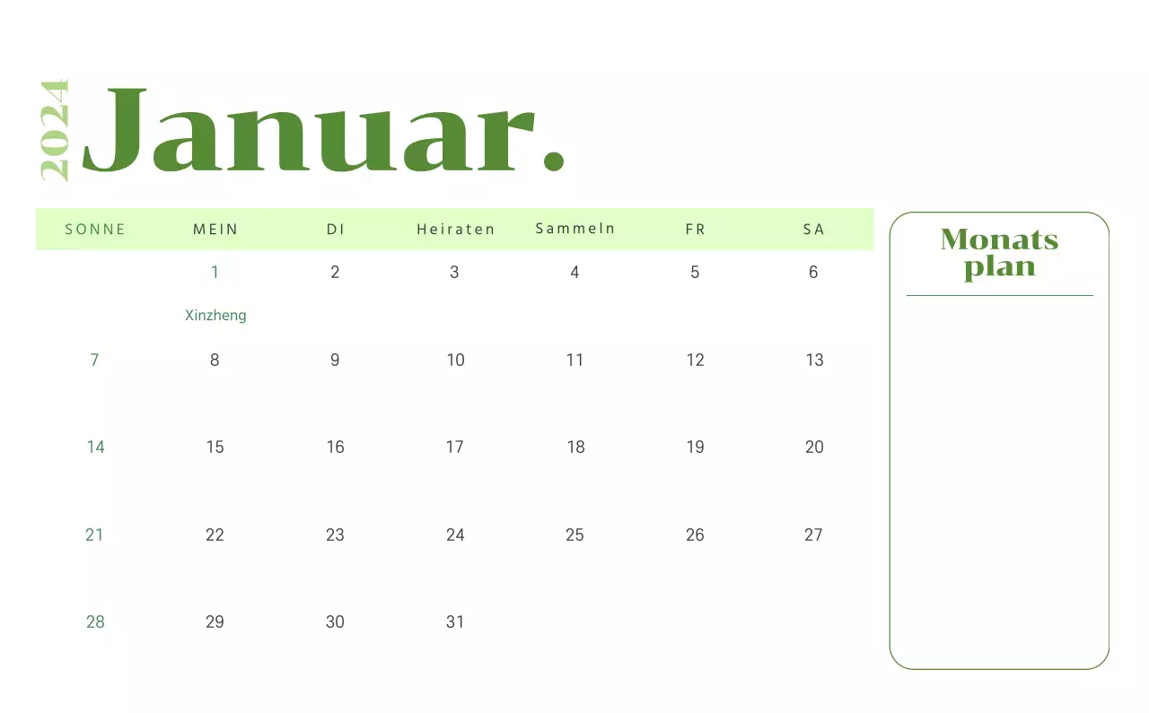 Kalender mit Jugendillustrationen auf gelbem und grünem Hintergrund