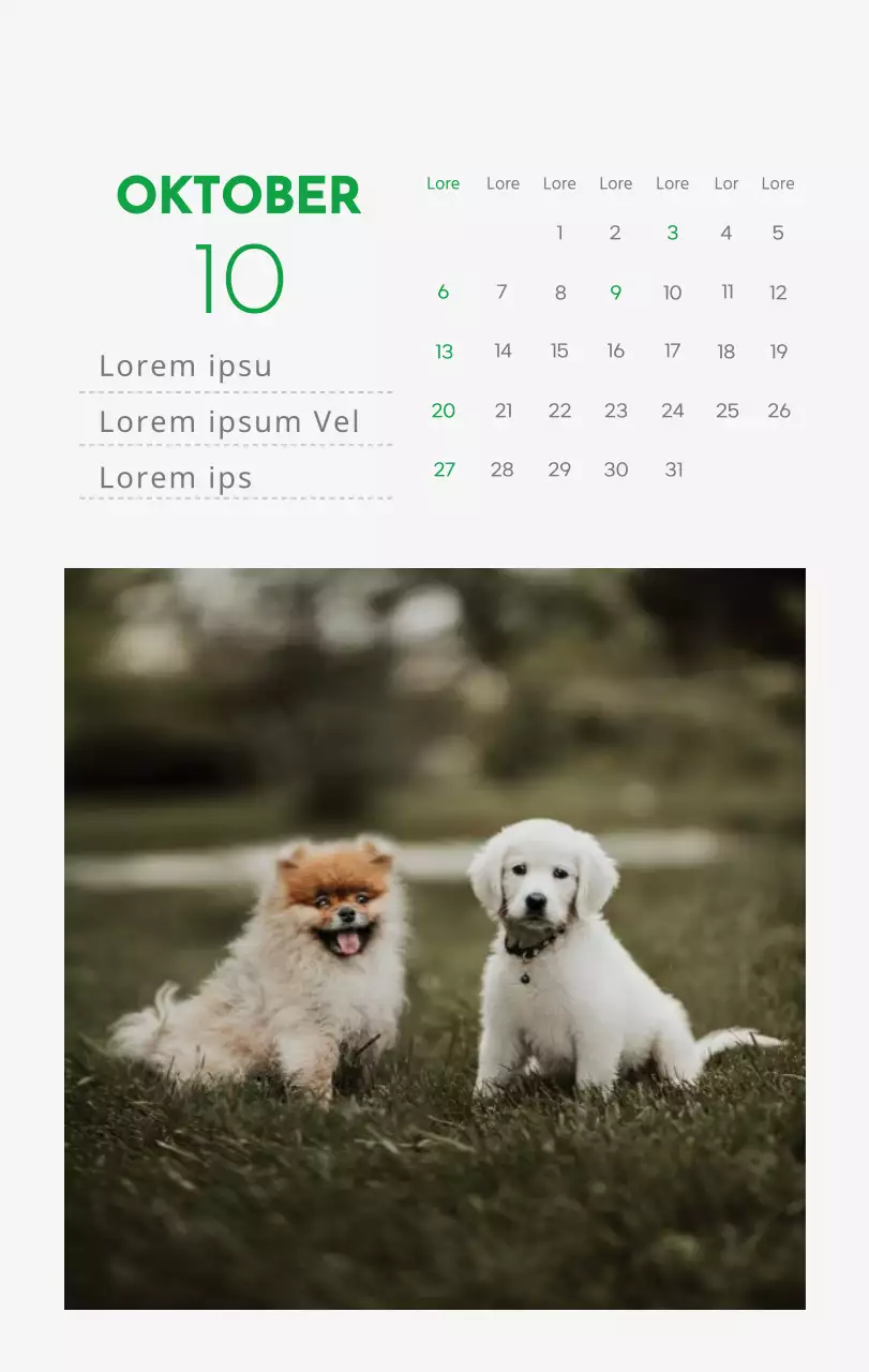 Een kalender met een afbeelding van een puppy en een schattige boodschap in groene accenten