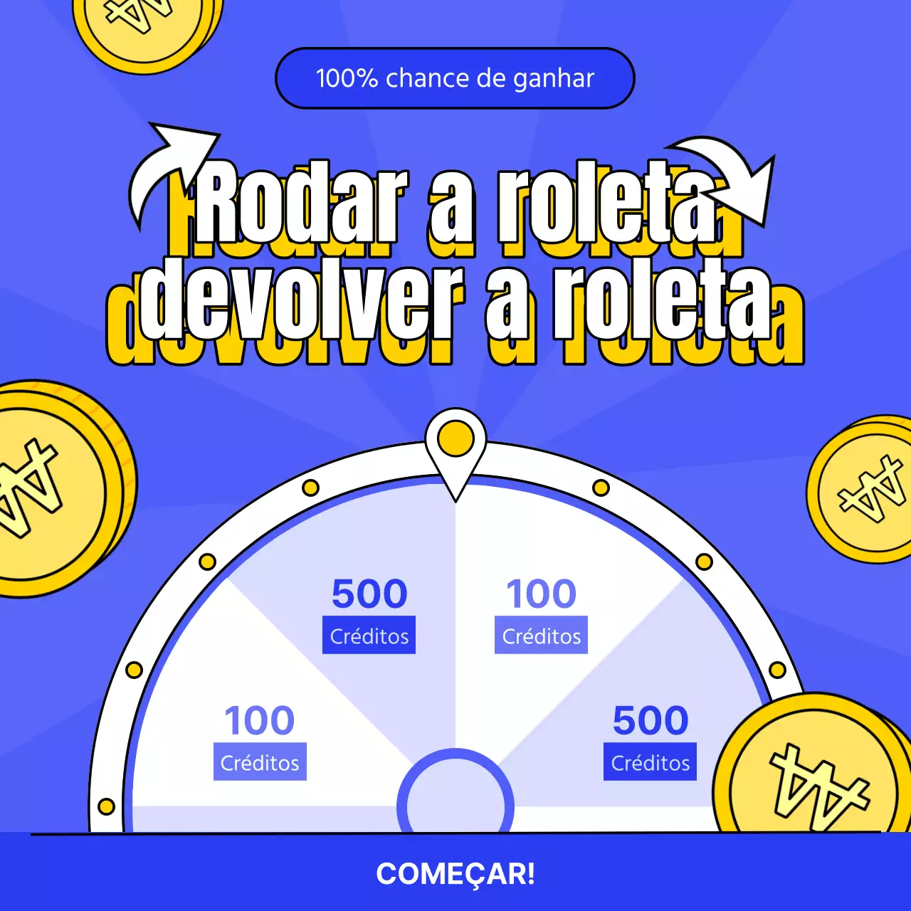 Publicidade a um evento de roleta da sorte com apontamentos de amarelo e azul