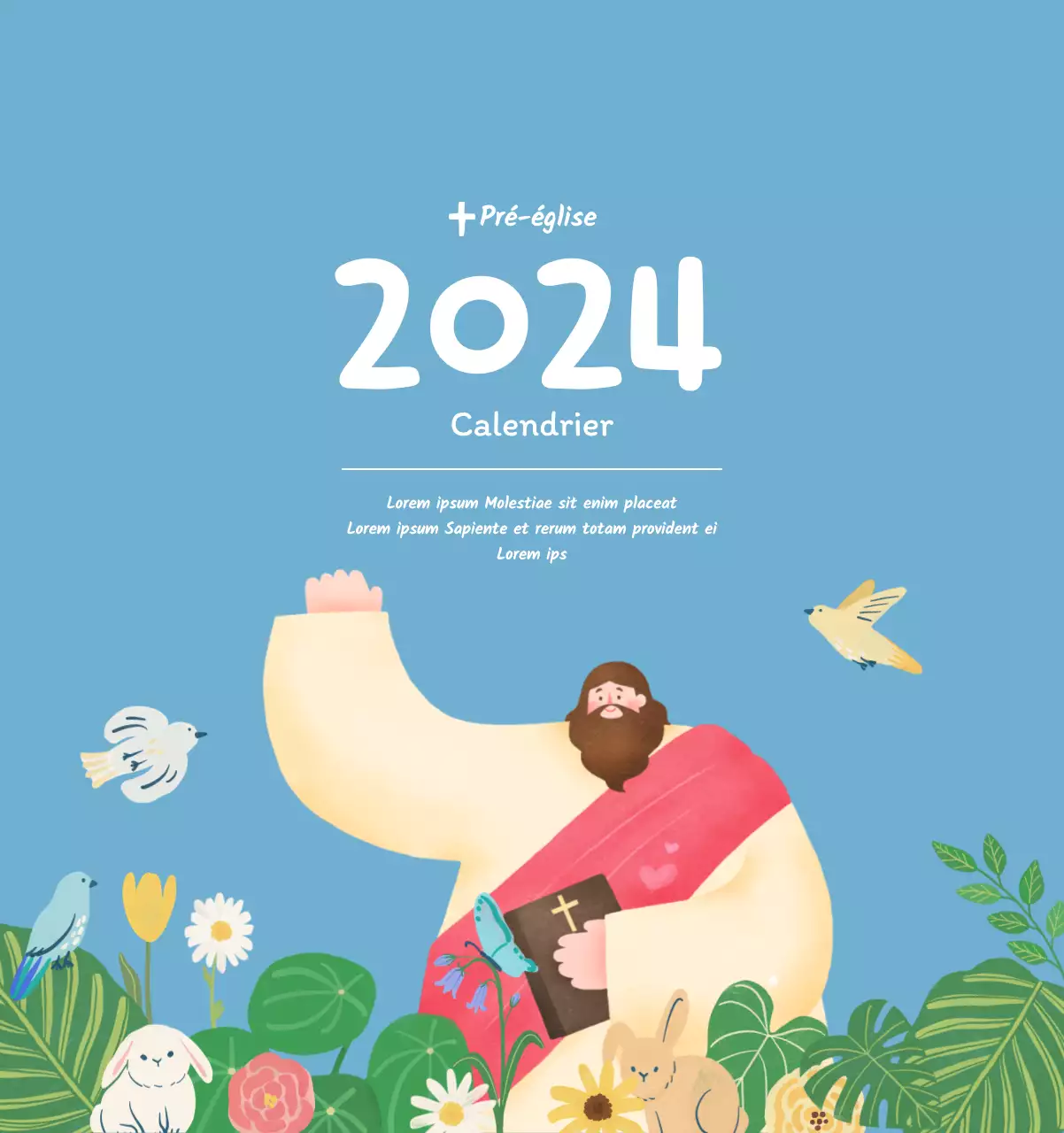 Un calendrier dévotionnel avec des illustrations douces et des versets bibliques sur un fond bleu clair.