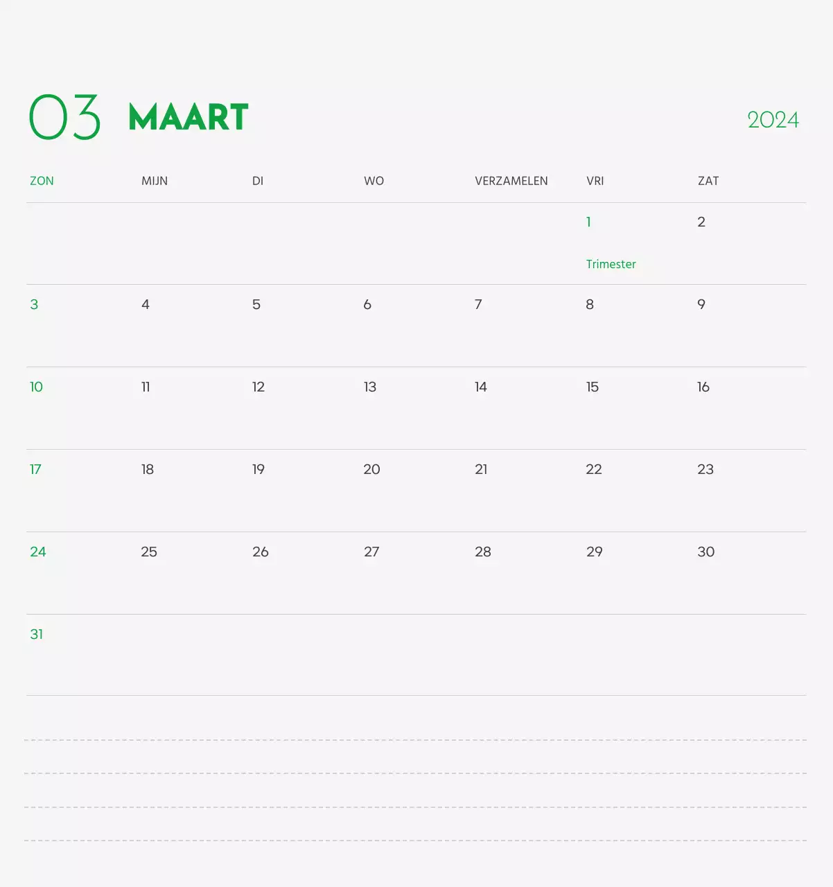 Een kalender met een afbeelding van een puppy en een schattige boodschap in groene accenten