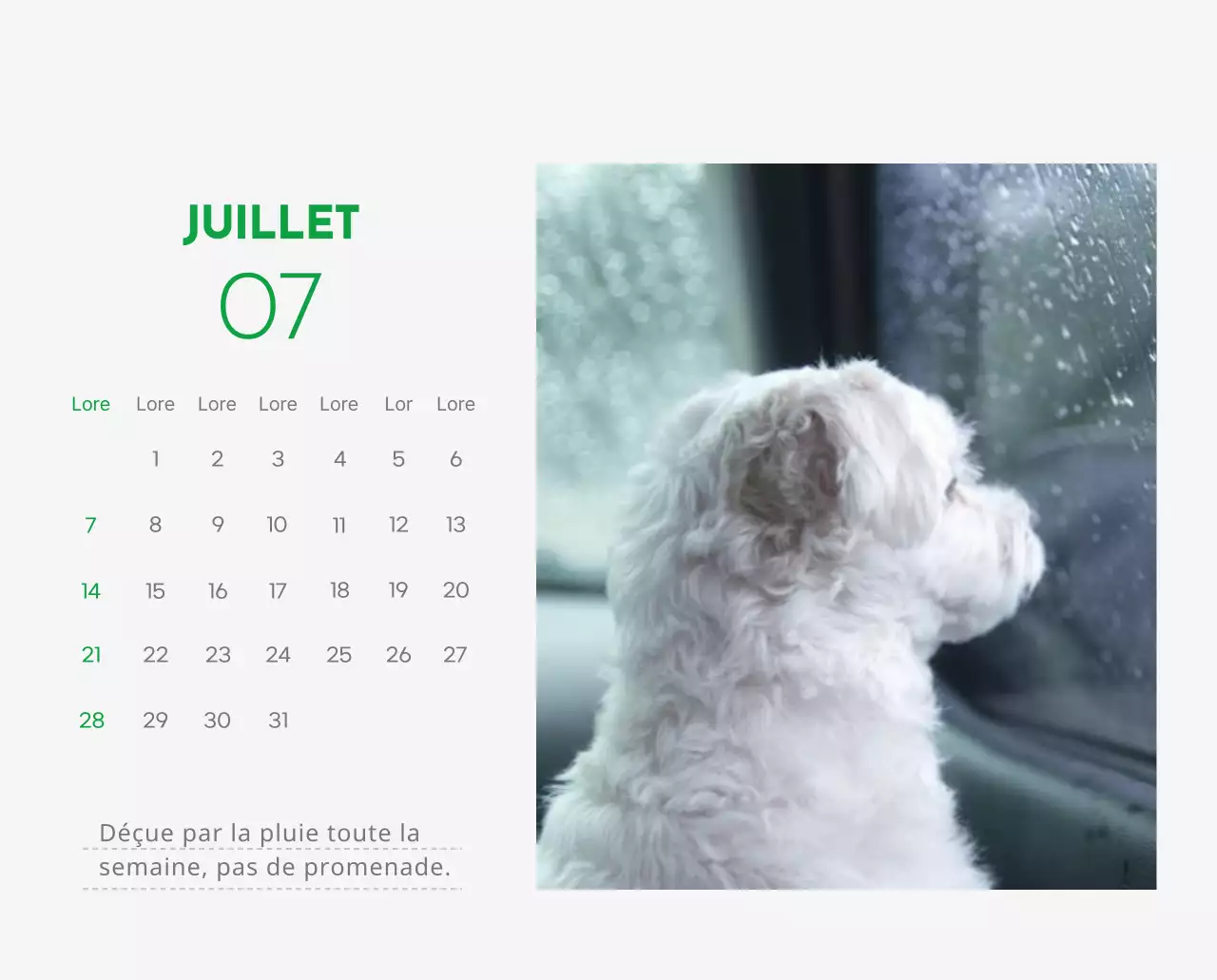Un calendrier avec la photo d'un chiot et un message mignon aux accents verts.