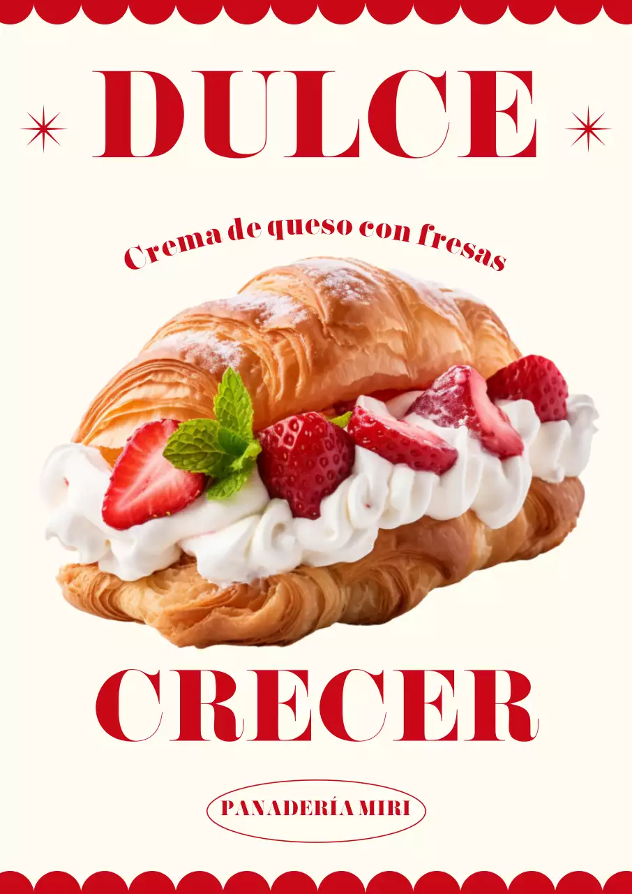 Menú de panadería de cafetería con imágenes fotorrealistas de bollos de croissant y texto en inglés en negrita y gráficos geométricos.