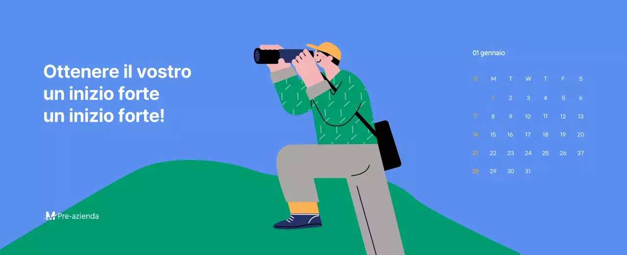 Calendario motivazionale con illustrazioni energetiche e citazioni positive su sfondo azzurro