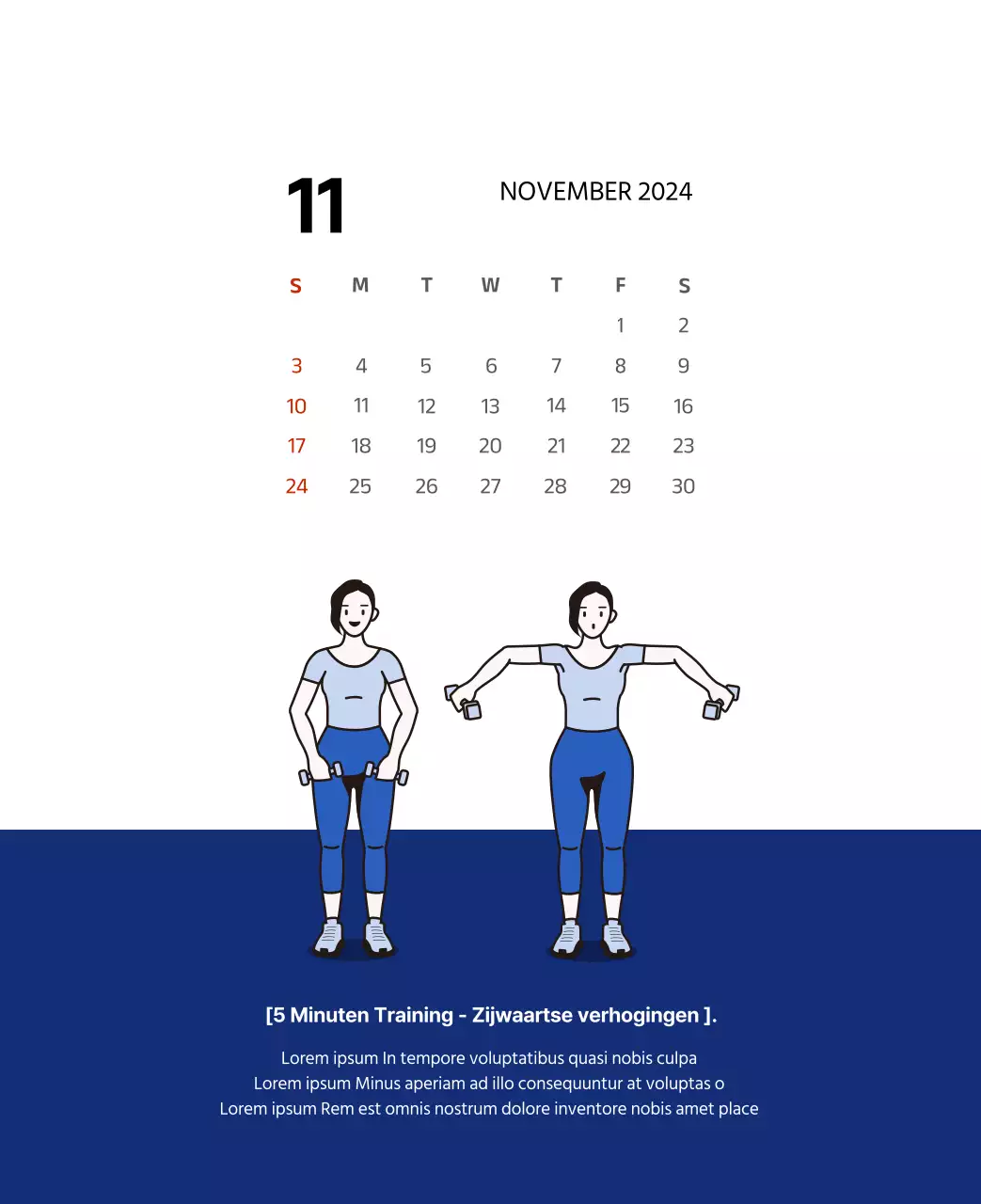 Eenvoudige kalender met strakke illustraties in blauw