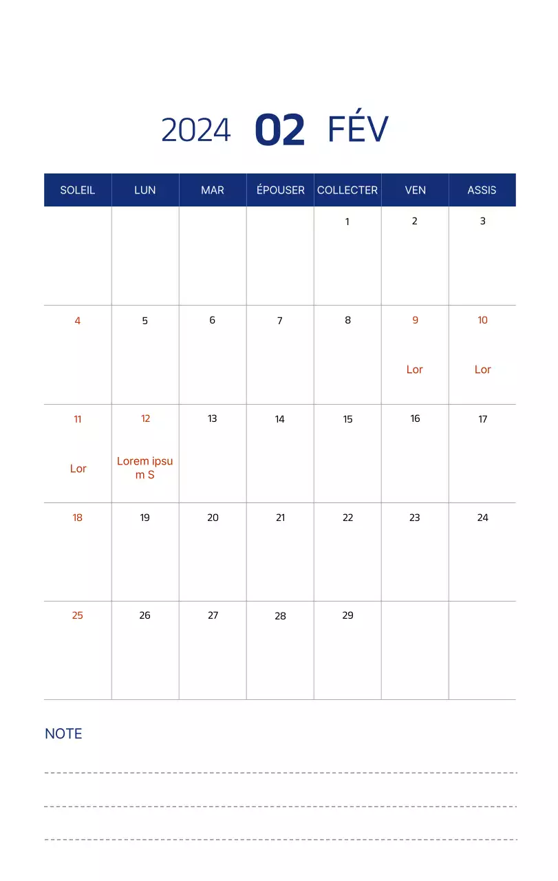 Calendrier simple avec des illustrations épurées en bleu