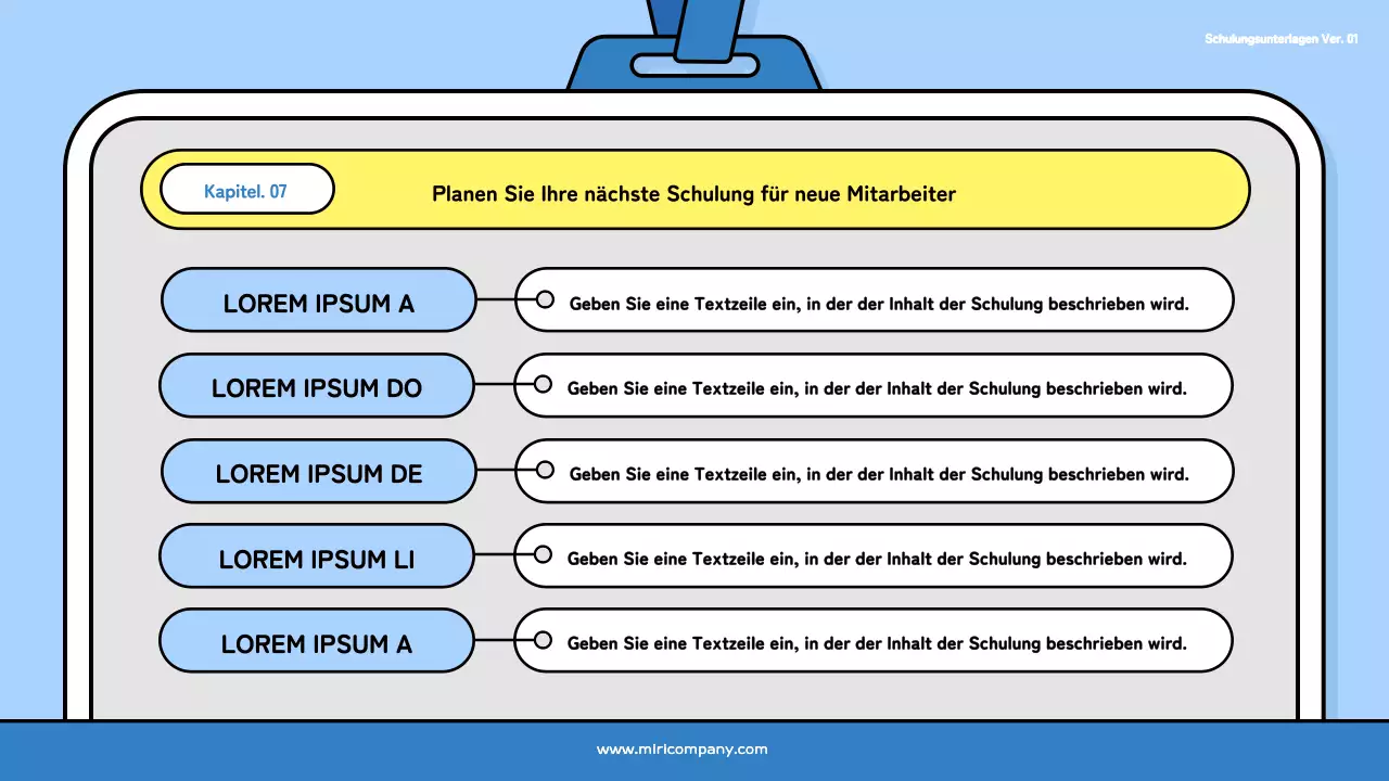 Ein hübsches Trainingsdeck für neue Mitarbeiter in Hellblau und Schwarz