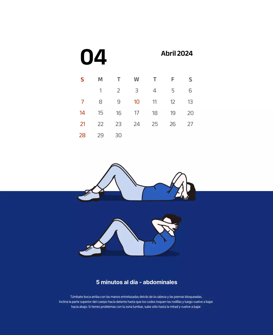 Calendario sencillo con ilustraciones limpias en azul