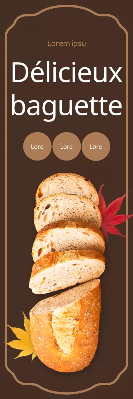 Promotion d'une boulangerie avec des feuilles mortes et des baguettes sur fond brun