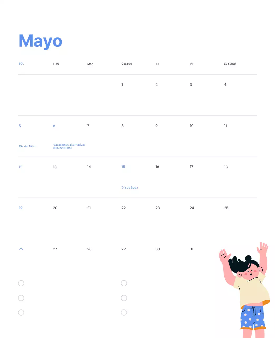 Calendario motivacional con ilustraciones llenas de energía y citas positivas sobre fondo azul claro