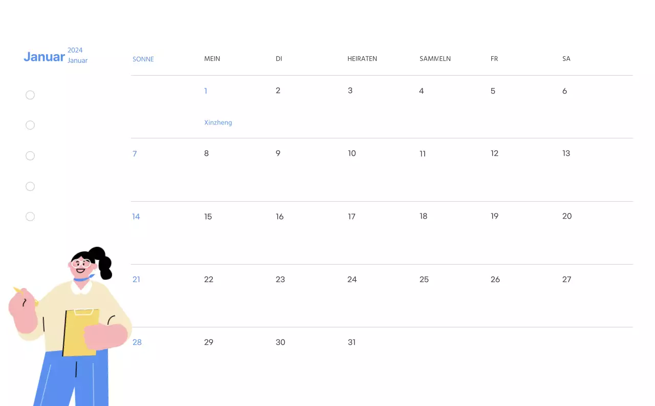 Motivationskalender mit energiegeladenen Illustrationen und positiven Zitaten auf hellblauem Hintergrund