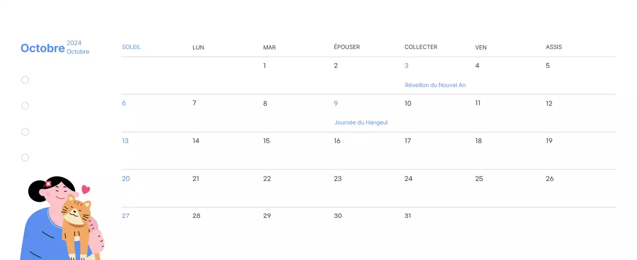 Calendrier de motivation avec des illustrations énergiques et des citations positives sur un fond bleu clair