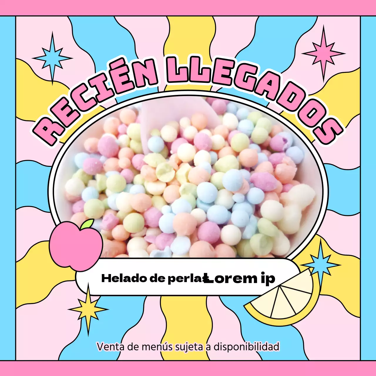 Promocionar una nueva carta de helados con sabores kitsch de color rosa y azul claro.